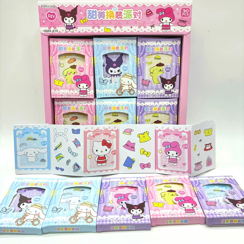 30pcs/Box New Sanrio Dress Up Party Scene Dress Up Stickers Kuromi Melody Cinnamoroll Children'S Cute Stickers Gift Wholesale