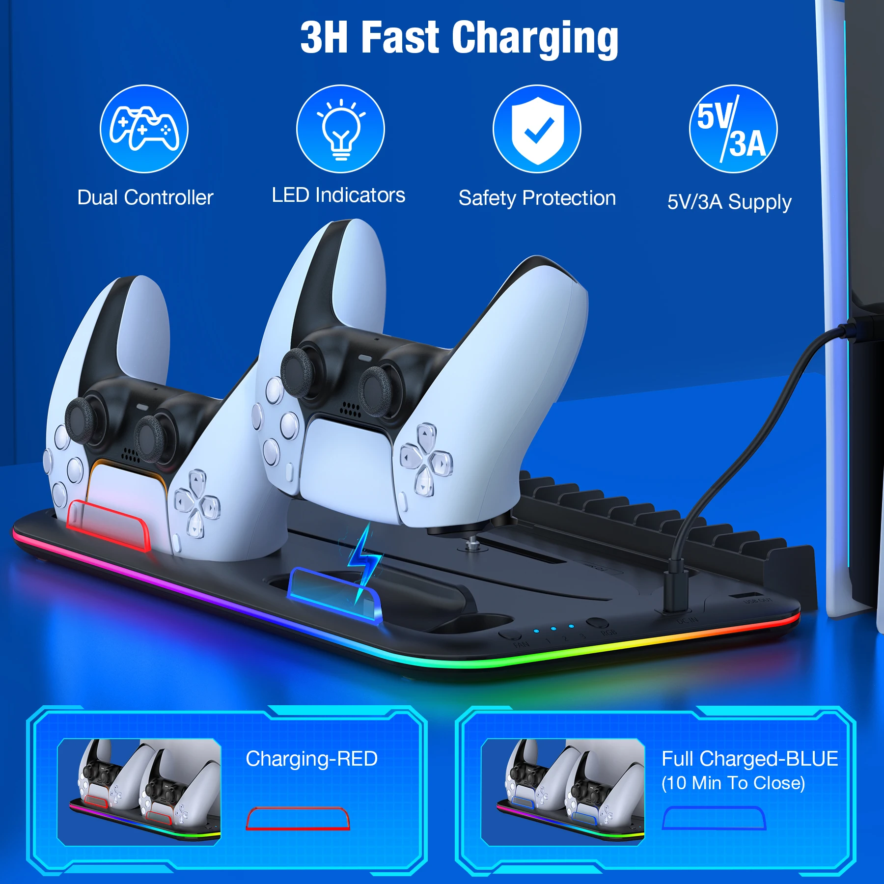 BEBONCOOL pionowy stojak chłodzący do kontrolera PS5 Slim ładowarka do konsoli Sony Playstation 5 PS5 uchwyt na zestaw słuchawkowy RGB Light