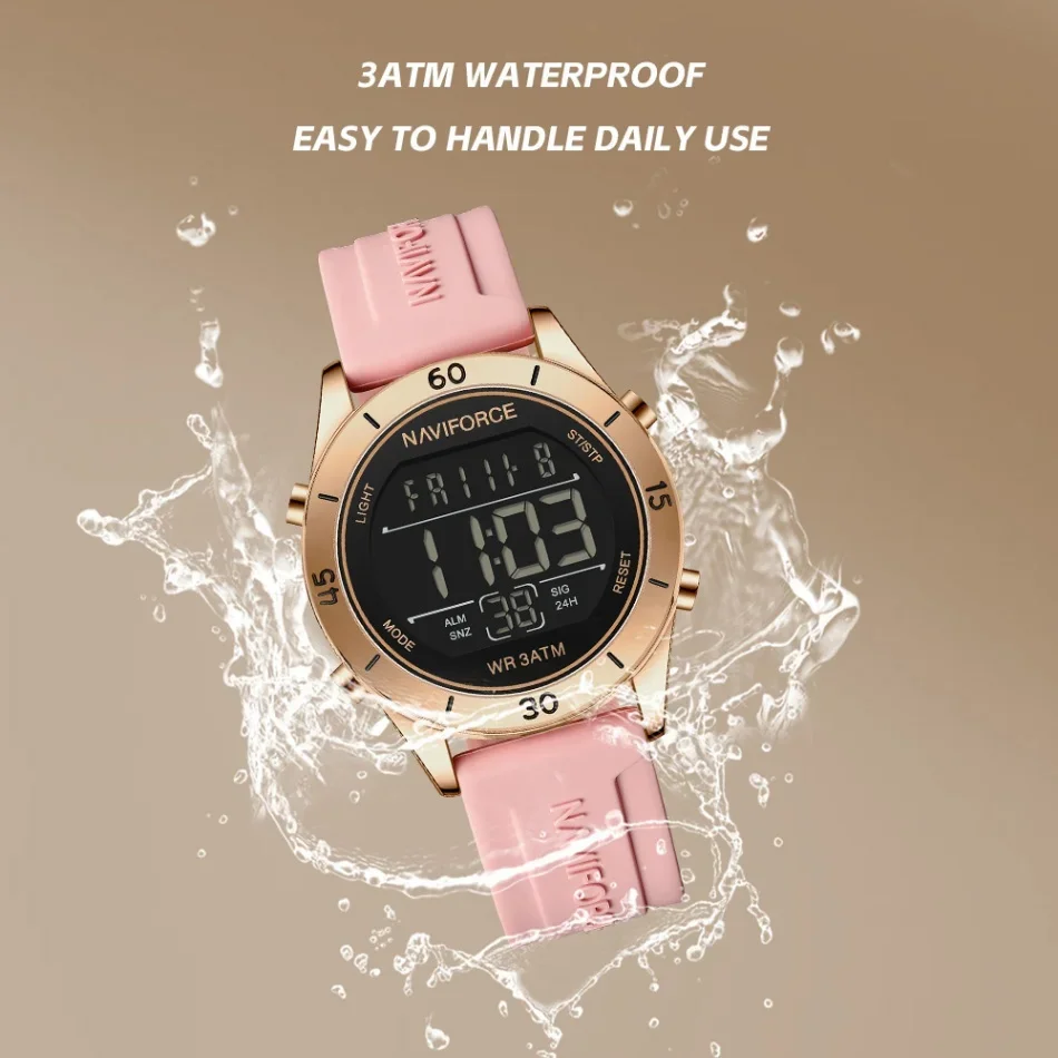 ساعة NAVIFORCE للنساء موضة رياضية مقاومة للماء LCD رقمية ليوم وتاريخ بسوار من السيليكون ساعة يد إلكترونية Relogio Feminino