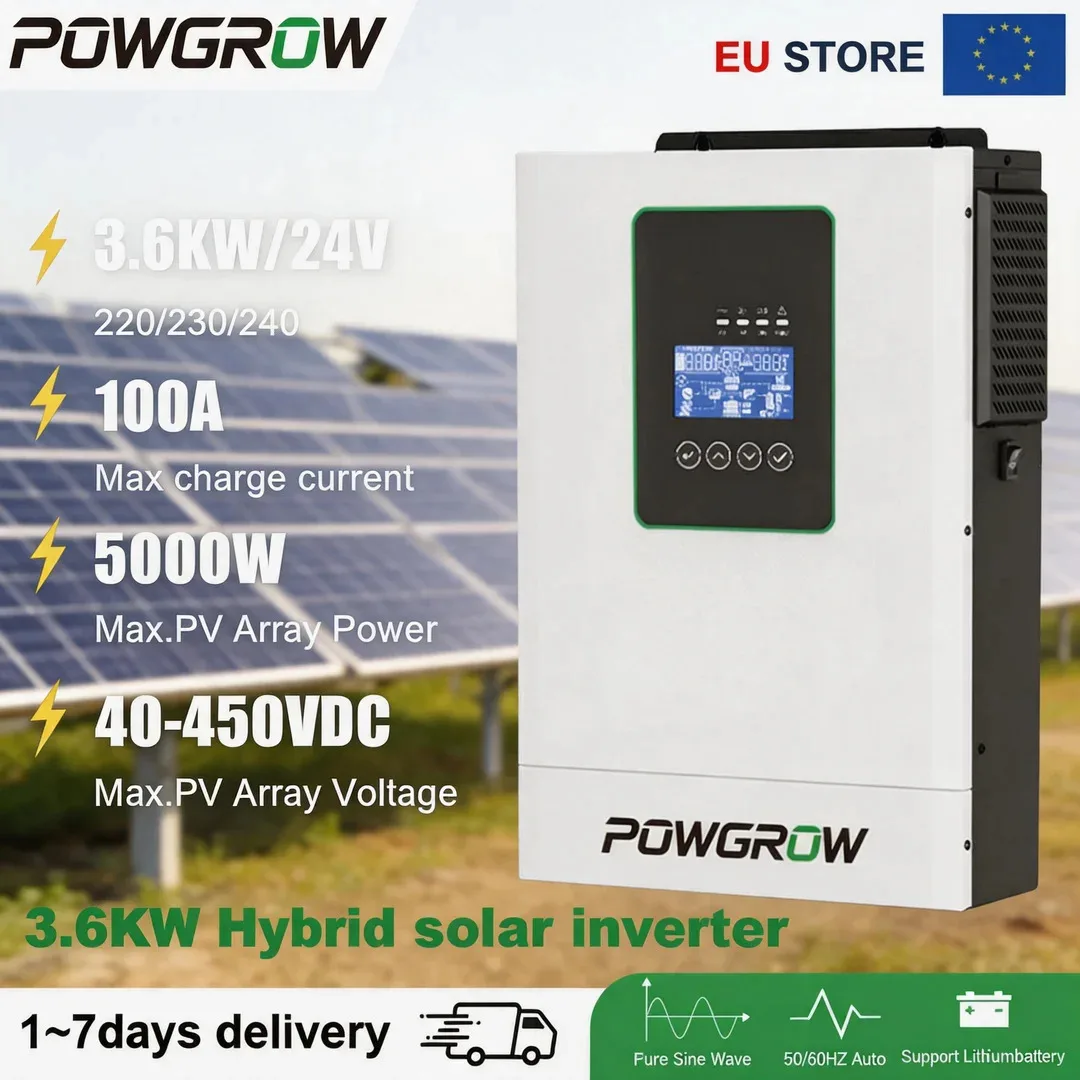 Inverter Ibrido POWGROW 3600W 24V a Onda Sinusoidale Pura con Monitoraggio WiFi e Comunicazione BMS per Batterie al Litio/Piombo-Acido