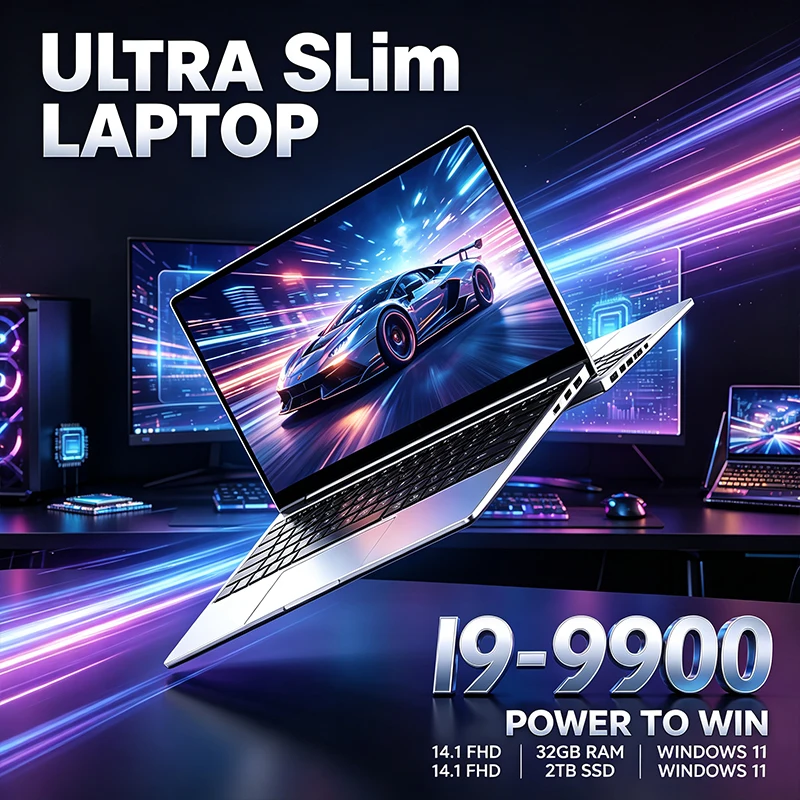 Laptop Ultrafino de 14,1 Polegadas Intel Core I9-9900 120Hz FHD 32GB 2TB Teclado Retroiluminado Windows 11 Longa Duração da Bateria para Escritório e Estudo