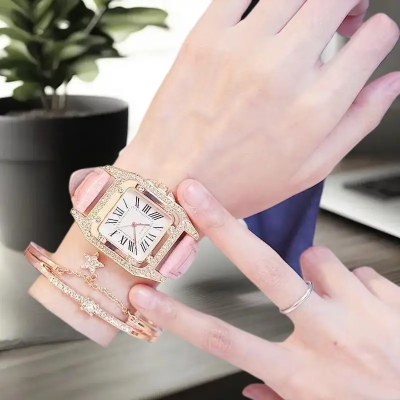 Women's Watch Set Analog PU Leather Wrist Watch Fashion Elegant Alloy Wristwatch Couple Watch