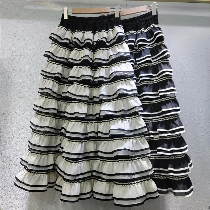 Contrasting Color Edge Mesh Cake Skirt Women's Sweet French Style Long Tutu Skirt High Waist Faldones Para Mujer 2025