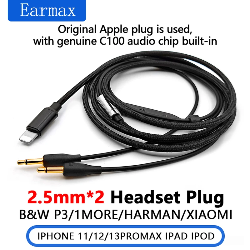 

For Apple iPhone 14 12 14 Lightning plug B&W P3 Xiaomi 1MORE Sennheiser HD477 HD497 HD212pro Headphone Cable Remote Microphone
