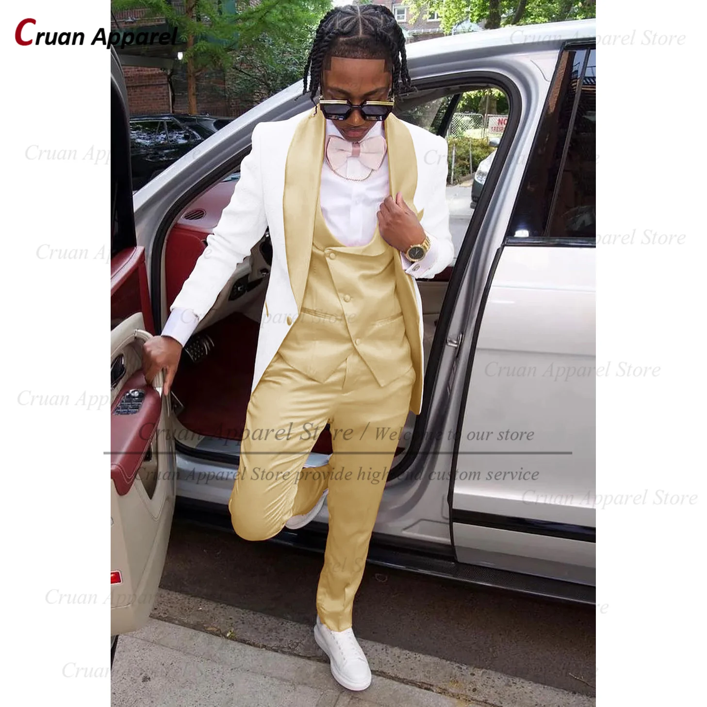 Elegant Suit Set For Men Birthday Party Fashion Blazer Vest Pants Formal Banquet Tailor-made Male High Quality Satin Tuxedos