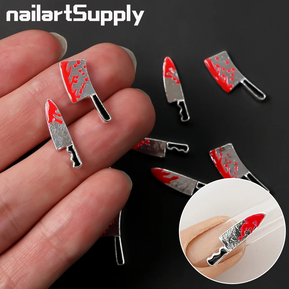 10pcs Halloween Fake Blood Knife Nail Charms  3D Metal Simulation Silver Axe Nail Jewelry Funny Scary Manicure Accessories Decor