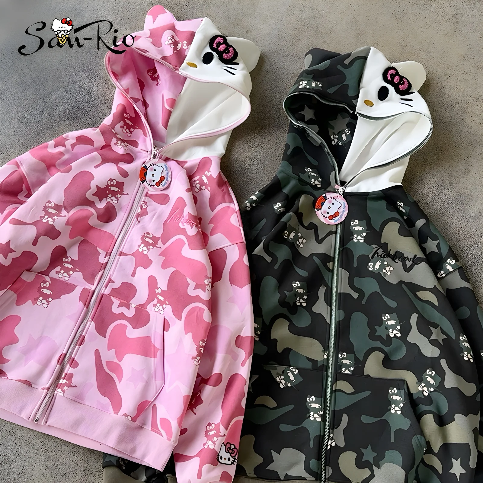 Sudadera con capucha con cremallera de Hello Kitty, cárdigan holgado, ropa de calle para mujer, sudadera de gran tamaño, cárdigan, chaqueta de camuflaje de algodón puro