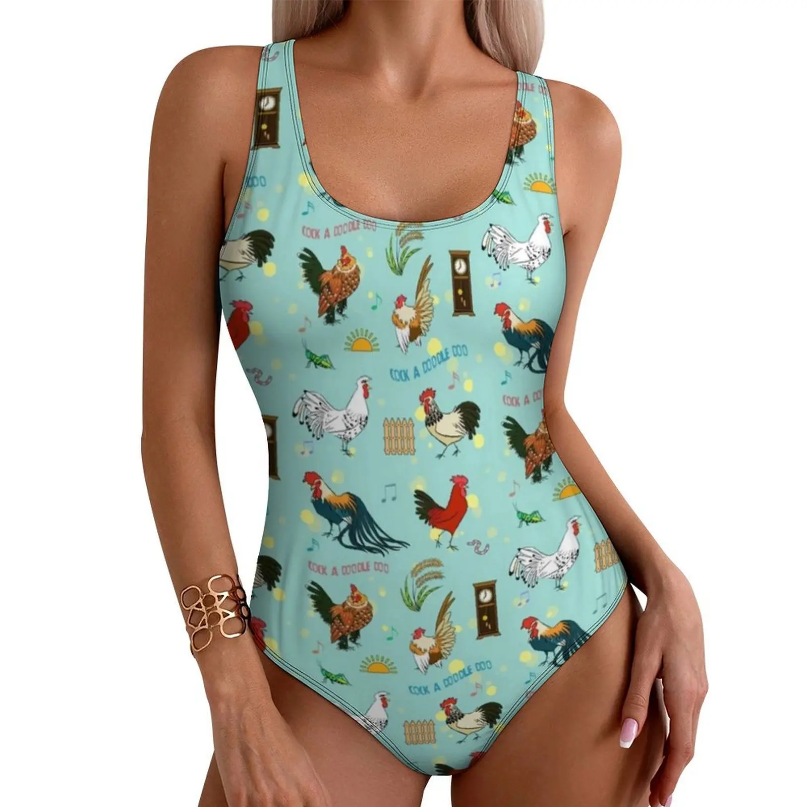 Pretty Cartoon Chicken Swimsuit Cute Roosters One Piece Swimwear Push Up Stylish Monokini Sexy Vacation Bath Graphic Swimsuits