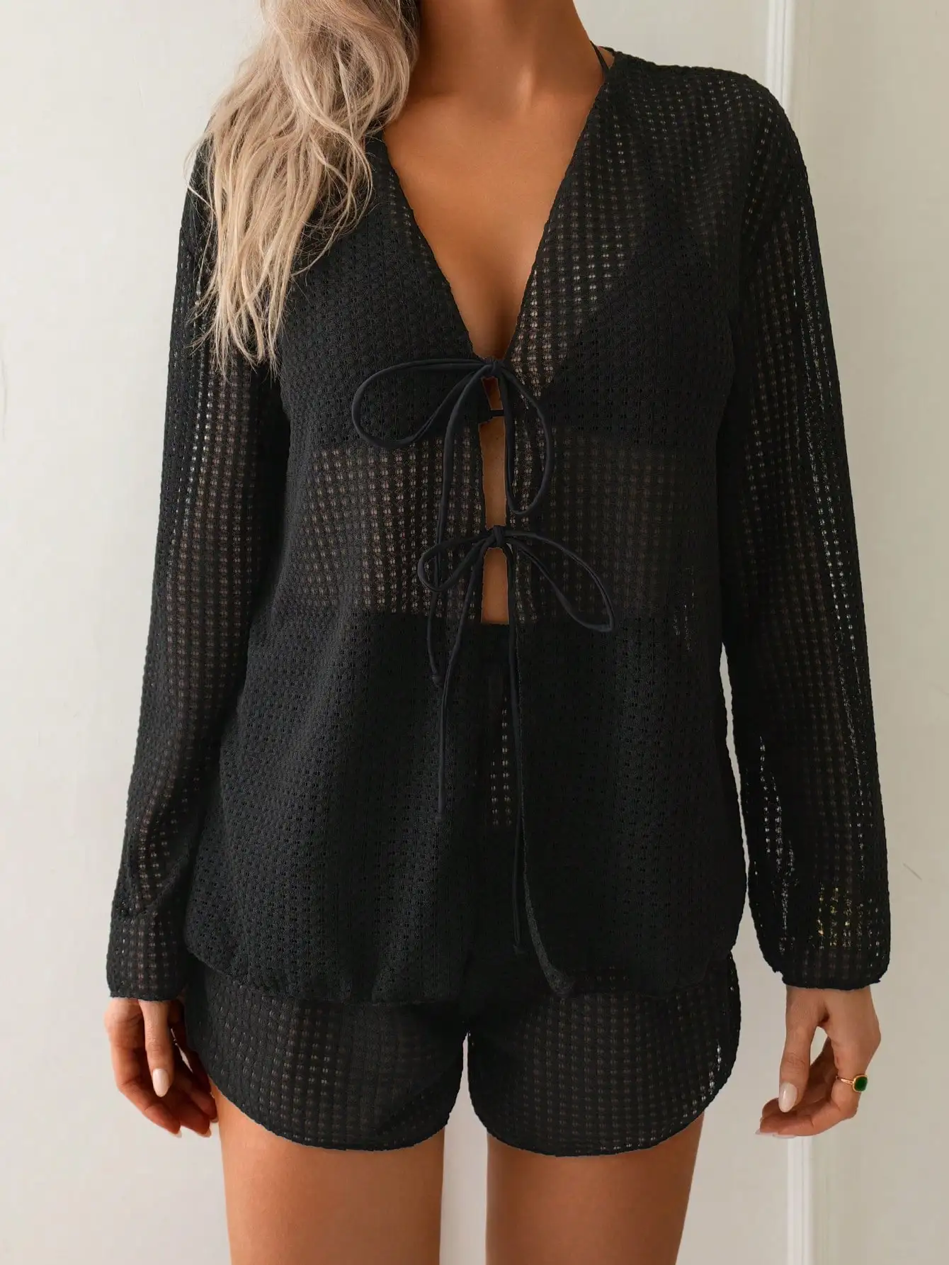 

2pcs Women's Textured Mesh Bowknot Swimsuit Cover Up Set Summer