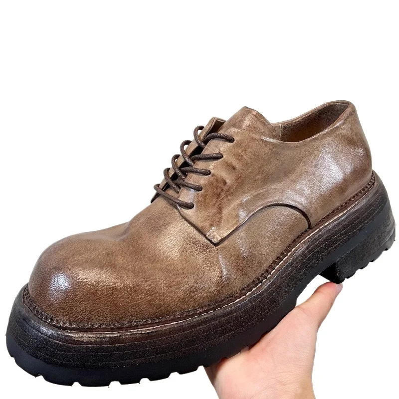 Derby Shoes for Men's Goodyear Hand Sewn Horsehide Breathable Thick Soled Height Increasing Shoes Casual Big Head Leather Shoes