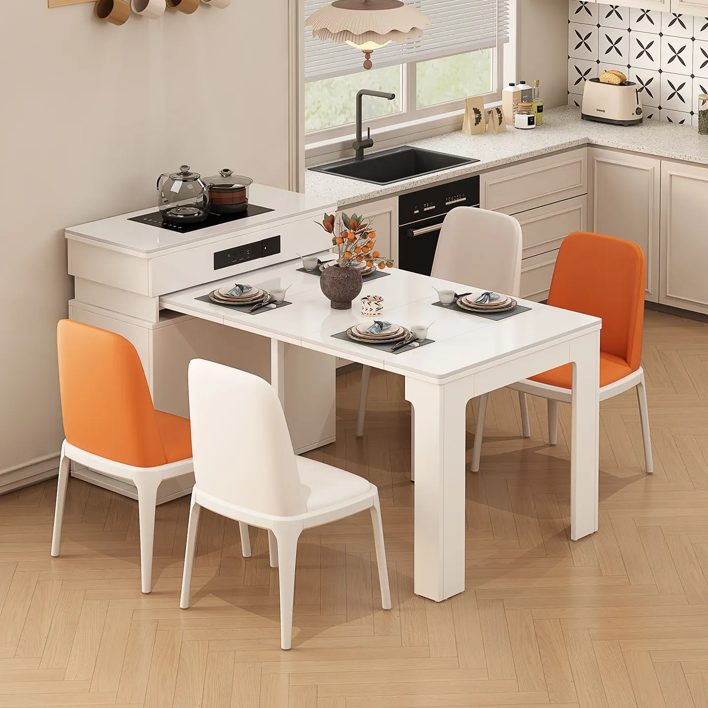 Small apartment solid wood rock slab island dining table integrated household retractable modern cream multi-functional storage