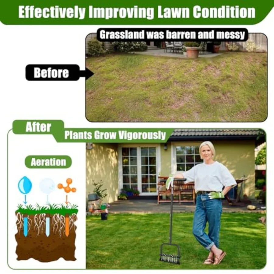 スプリングベースと14本のスチールスパイクを備えた手動芝生エアレーターツール、自動で土や落ち葉を取り除き、Yでの土壌の緩めに最適です。