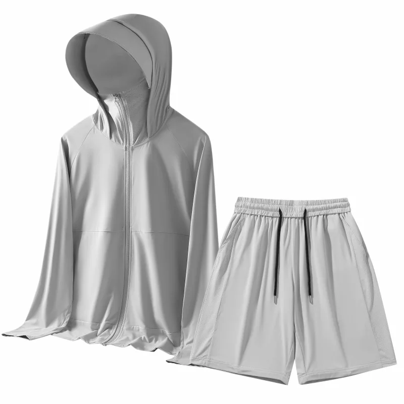 UPF50 Men Mosquito Proof Commuter Workwear Set 2025 Summer Hooded Polo Shirt Mid Pants 2 Piece Outdoor Sportswear Sun Protection