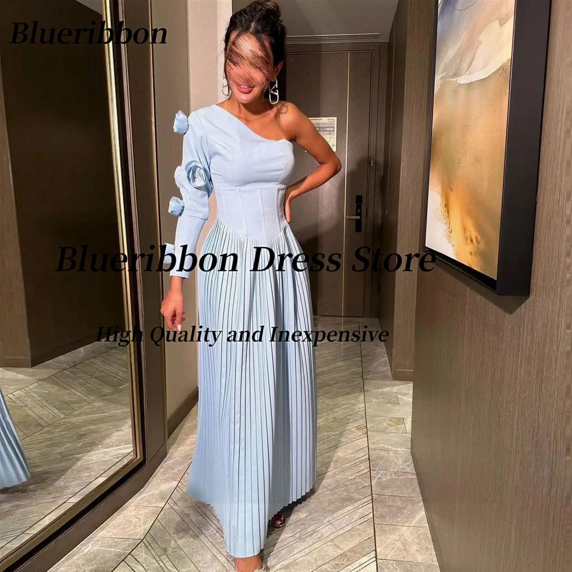 

Blueribbon Customized Pleats Prom Dresses with Flowers One Shoulder Long Sleeve Vestidos Des Noches Zipper Back Evening Dress