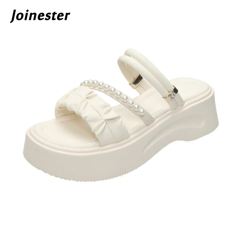 

Women's Open-Toe Summer Slides with Pearls Trifle Heel Casual Dress Shoes Pull-On Outdoor Fashion Ladies Beach Footwear