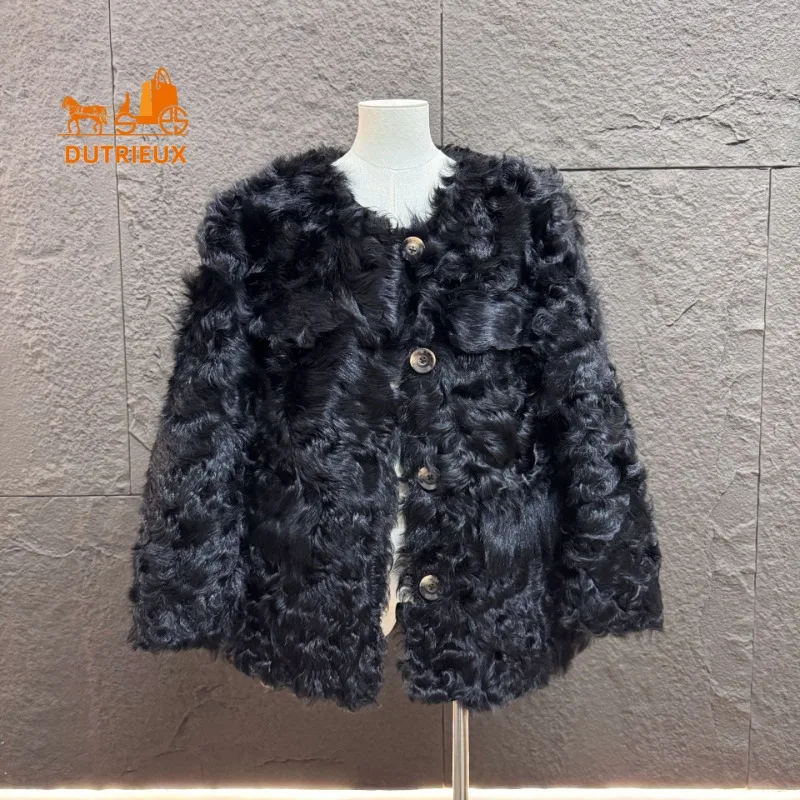 

Winter Round Neck Pure Wool Fur Coat for Women, 100% Real Sheepskin and Fur, Fashionable Travel Office Warm Fur Jacket for Women