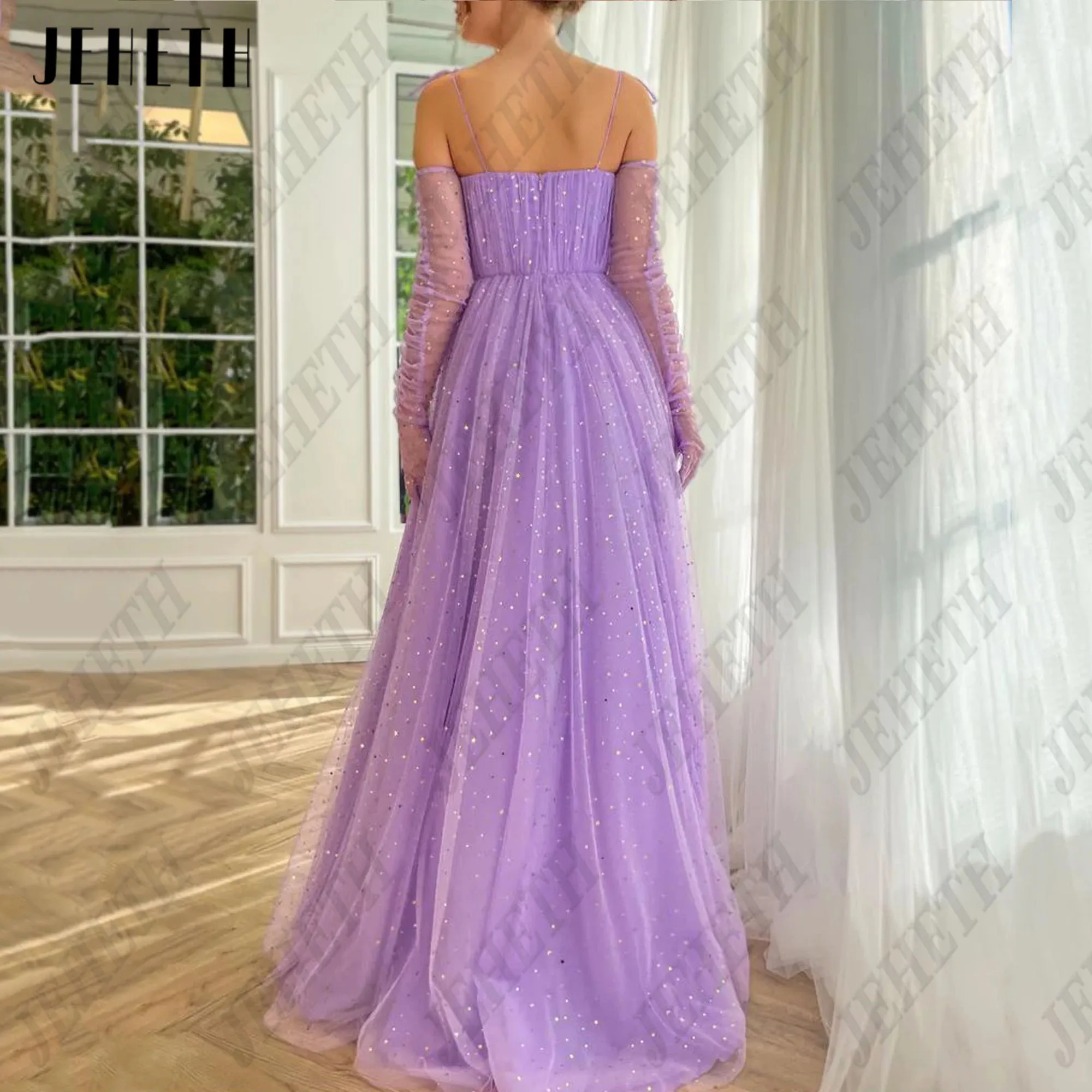 JEHETH Sparkling Purple Prom Dresses For Woman Spaghetti Straps Sweetheart A-Line With Cap Party Gowns Elegant Vestidos De Festa