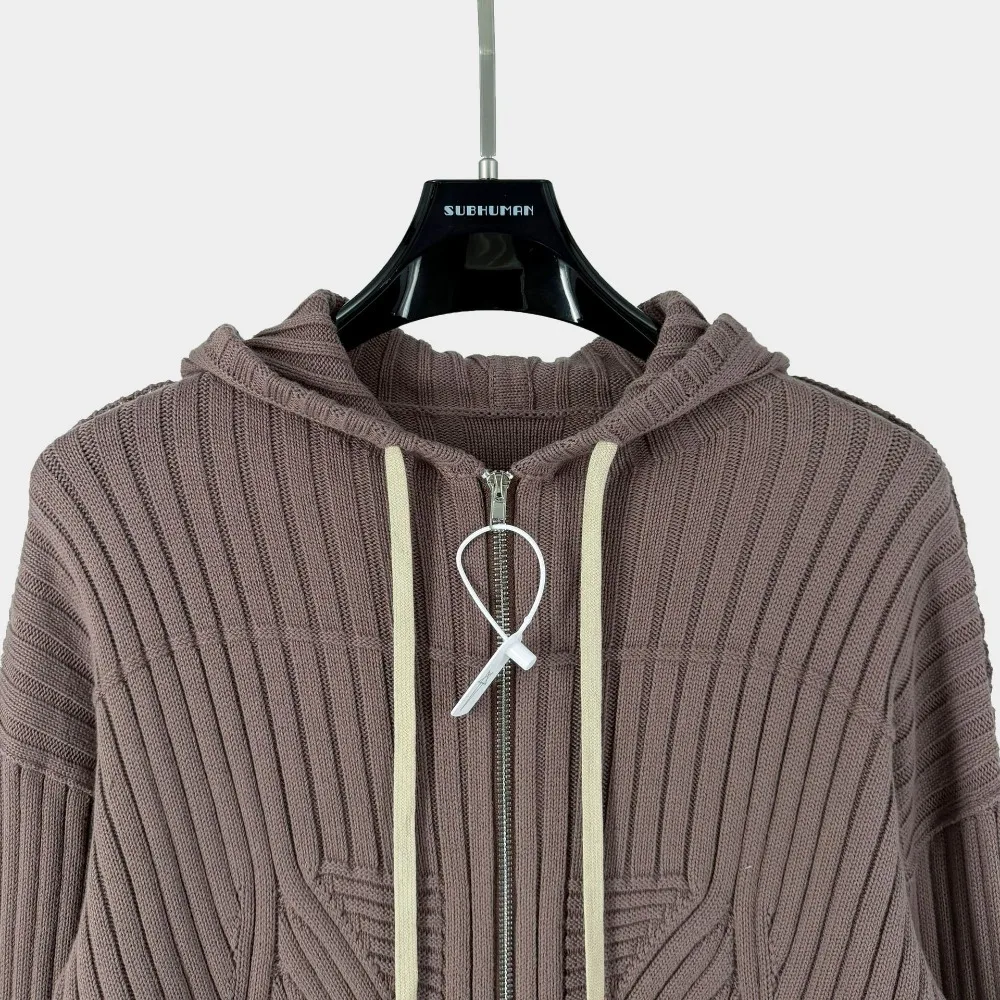 High Street Hooded Sweater Cardigan Jacket Men's Black Pioneer Ribbed Knitted Hooded Sweater Zipper Cardigan Slim Fit Coat