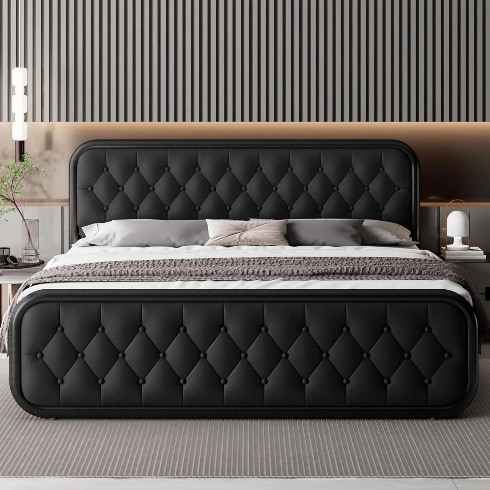 US King Size Bed Frame, Heavy Duty Bed Frame with Faux Leather Headboard, Upholstered Platform Bed with Strong