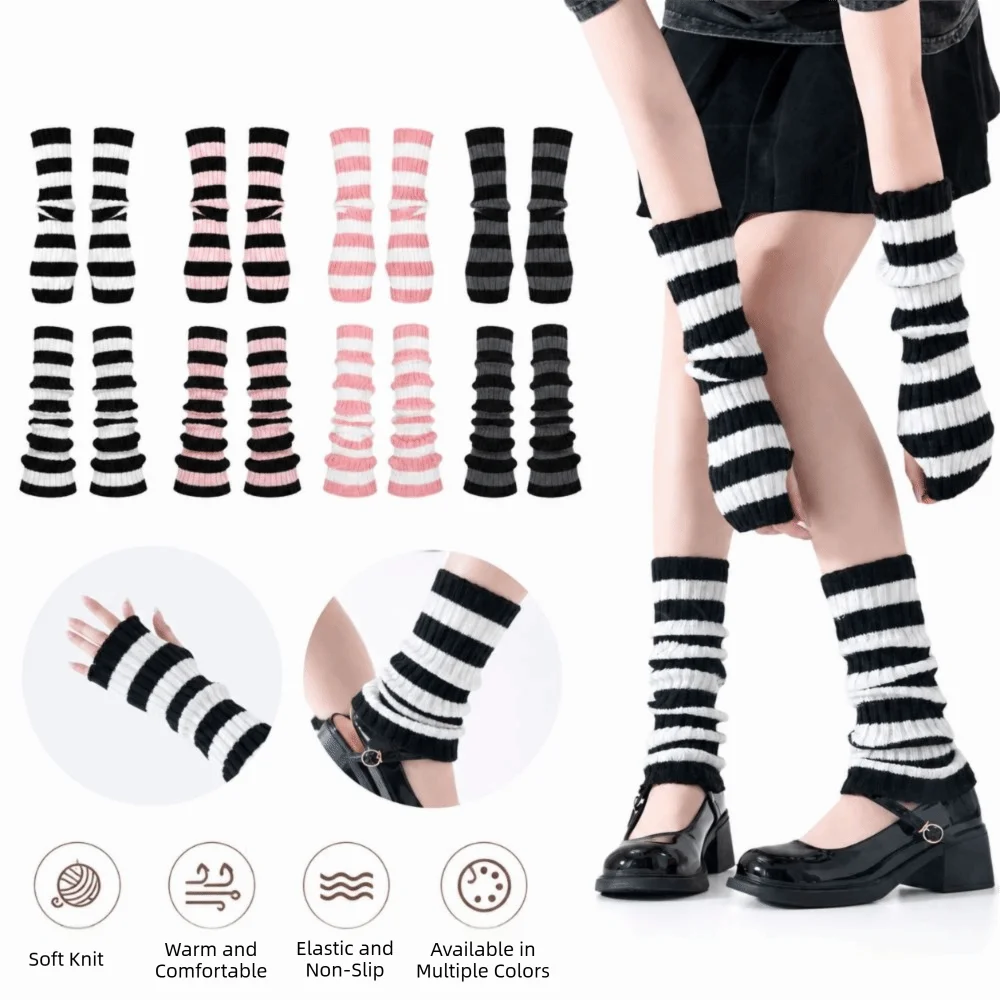Set Sarung Tangan Rajut Y2k, Kaus Kaki Panjang di Atas Lutut, Penghangat Lengan Bergaris, Sarung Tangan Tanpa Jari