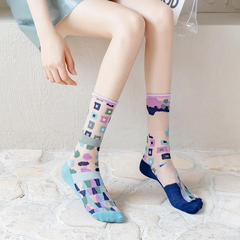 Summer Women Girls Socks Womens Socks French Art Silk Sox Womens Thin AB Asymmetric Glass Card Fashion Sox Middle Tube Socks