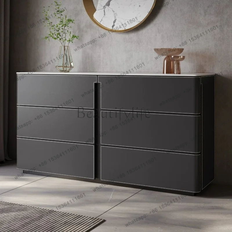 FG Solid wood chest dining side cabinets simple living room porch cabinet household bedroom luxury rock slab saddle leather lock