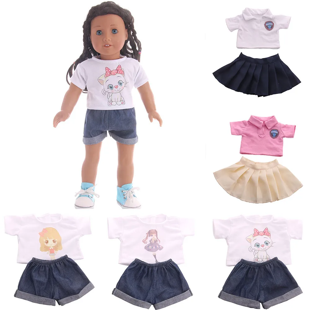 Cute Cat Animal T-shirt+shorts Clothes Set Fit for American 18 Inch Girl Doll & 43CM Baby New Born OG Toy Doll Canvas Doll Shoes