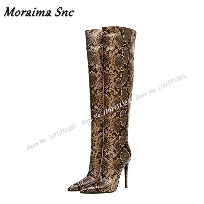 Moraima Snc Brown Snakeskin Print Boots Slip on Knee High Pointed Toe Stiletto Shoes for Women High Heels Boot Zapatillas Mujer