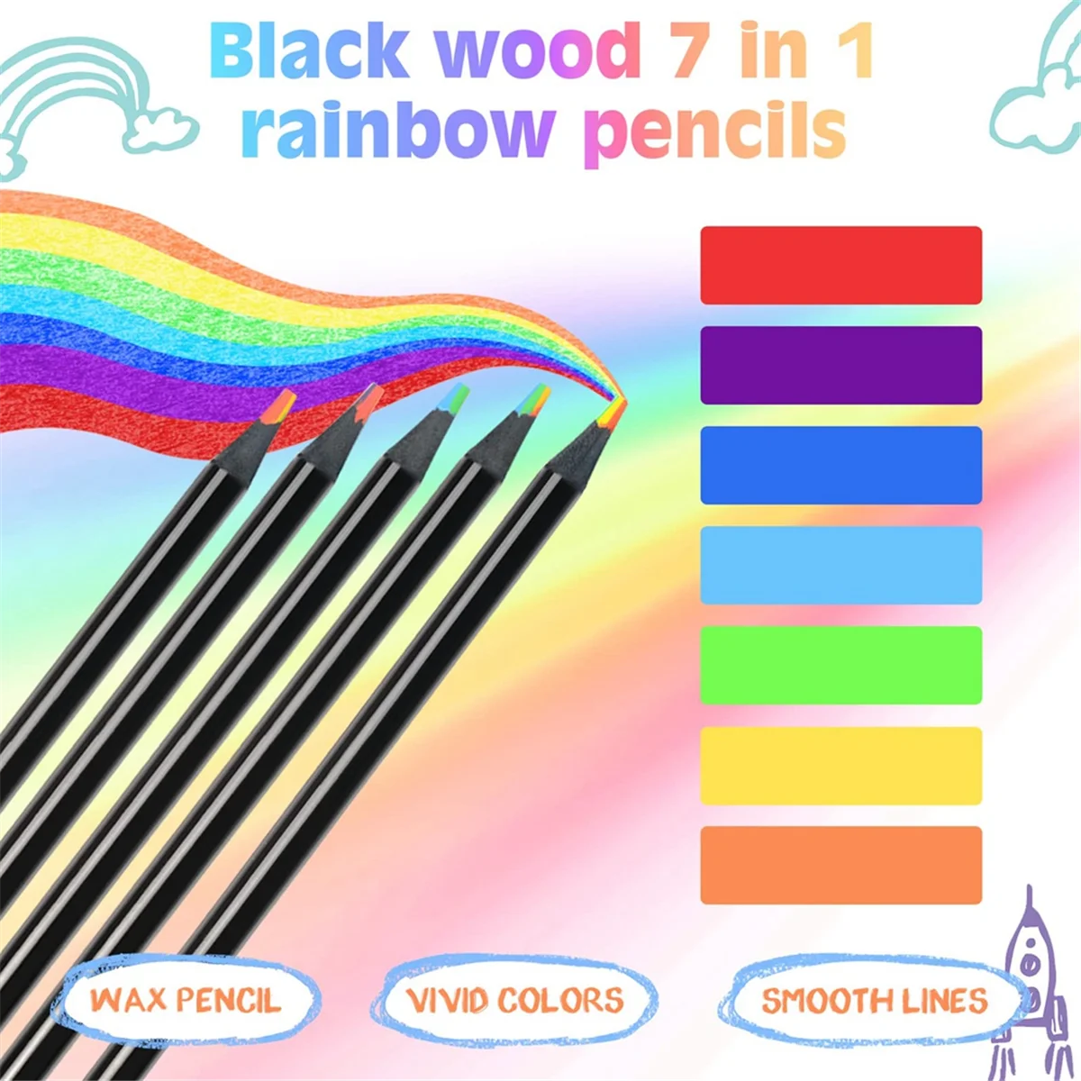 7-In-1 Wooden Rainbow Pencils, Multicolored Pencils Assorted Colors Art-Supplies for Drawing Coloring Sketching 24Pcs