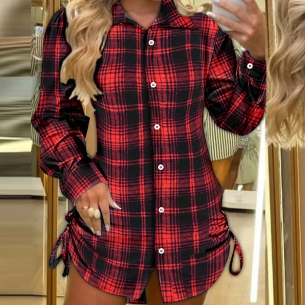 Damskie Mini bluzki Sukienka Jesień Zima Moda Guzik Boczne Sznurek Plaid Biuro Lady Koszula Sukienki Dla Kobiet Streetwear