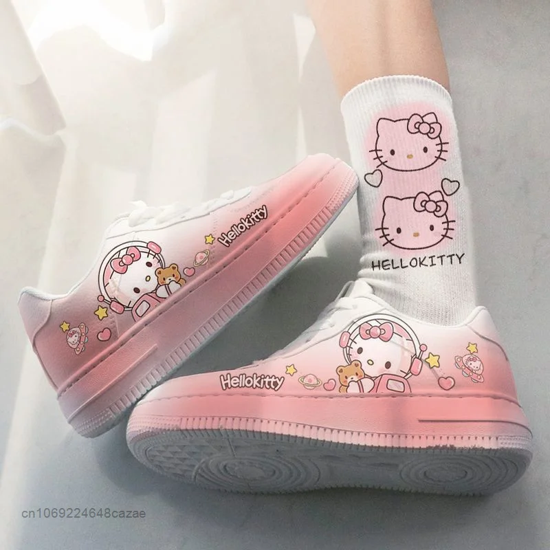 Sanrio Hello Kitty Shoes Women Cartoon Printed Board Shoes Y2k Girls Fashion Sneakers Cute Cinnamoroll Student White Flat Shoes