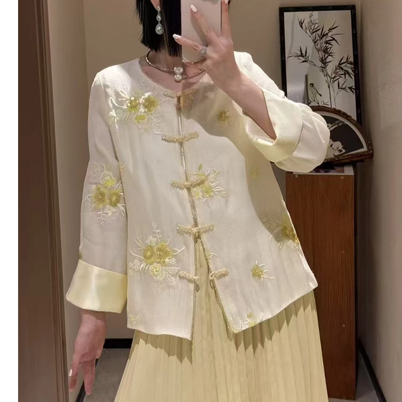 

Early Autumn New O-Neck Chinese Style Handmade Button Refined Bead Embroidery Fashionable Rayon Fabric Women's Jacket S-XXL