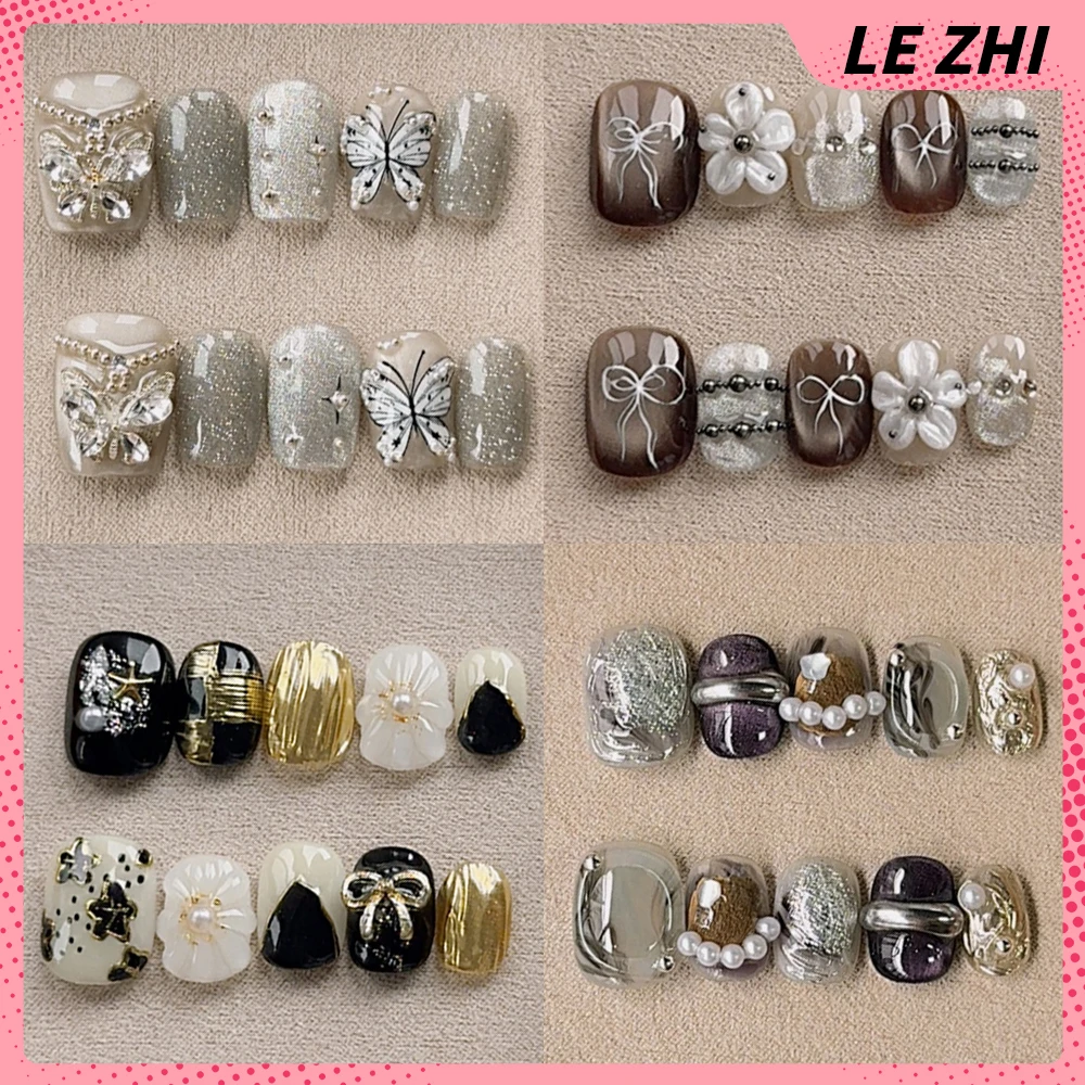 

10Pcs Vintage Handmade Short Square Round Detachable Fake Nails Cat Eyes Flowers Hand-Drawn Bowknot Design Press On Nails