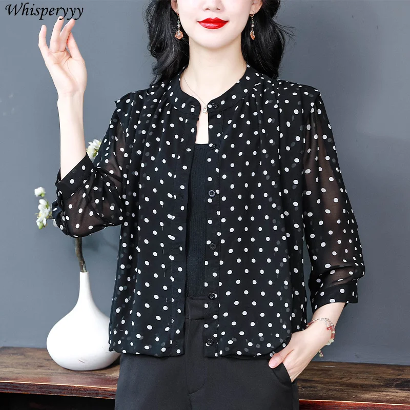 Polka Dot Blouse Women Spring Summer Sunscreen Air-conditioned Shirt Short Coat Casual Round Collar Thin Shirt Cape Cardigan