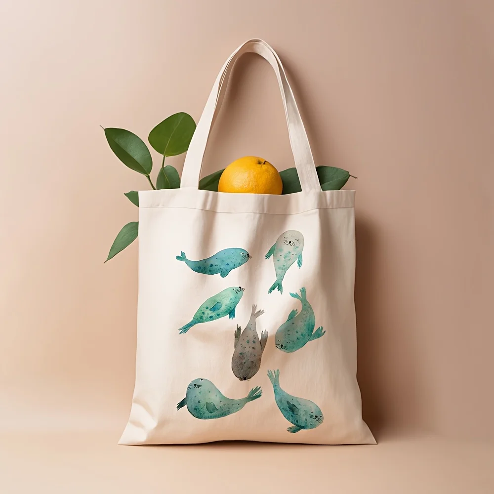 A Cute seal pattern print canvas tote bag, suitable for daily use, shopping, school, and travel