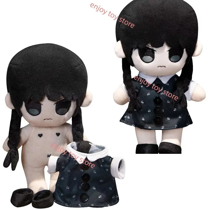 Cute Adams Wed. Girl Plush Funny Angry Face Double Ponytail Flat Bangs Girl Clothes Shoes Detachable Stuffed Doll Toy For Kid
