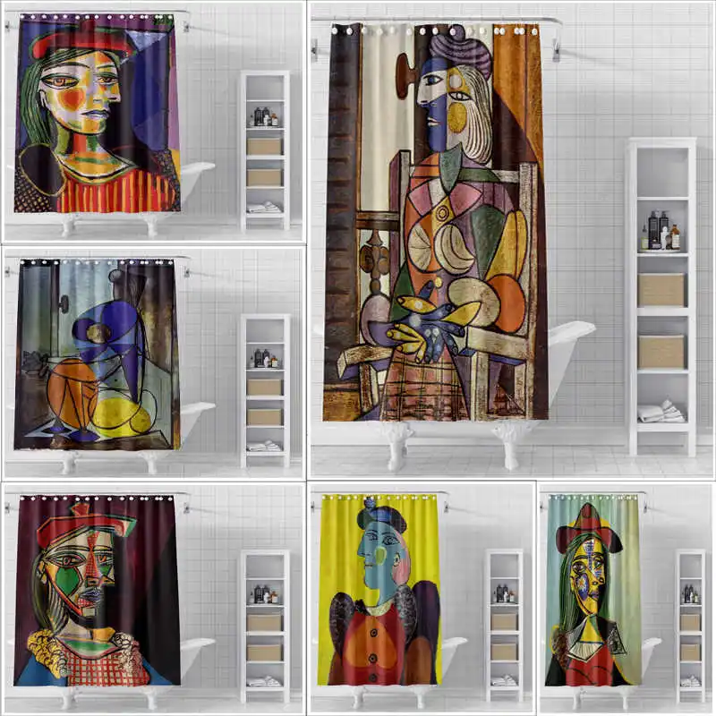 Picasso Oil Painting Shower Curtain Waterproof Bathroom No Drilling Thick Waterproof Curtain