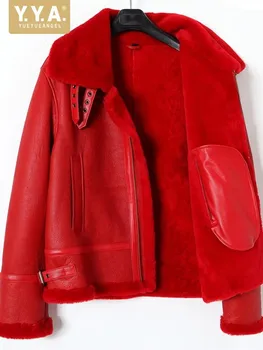 Lüks Kadın Shearlıng Gerçek Kürk Ceketler Kış Kalın Sıcak Uzun Kollu Hakiki Deri Biker Ceket Zarif Kırmızı Dış Giyim Palto