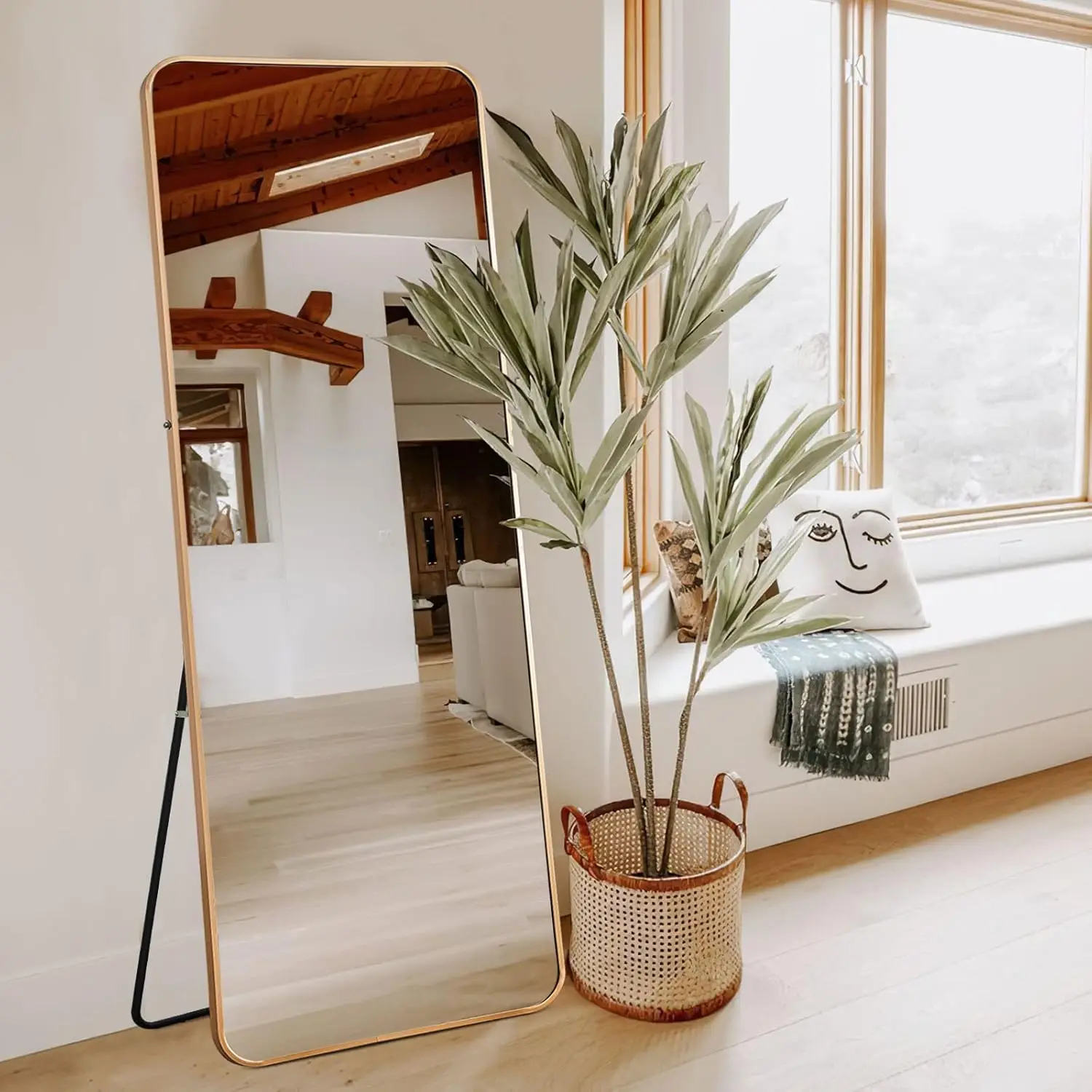 Full Length Gold Floor Mirror, Recessed Round-Corner Dressing Mirror, 65 "x 22", tamanho completo no quarto e sala de estar