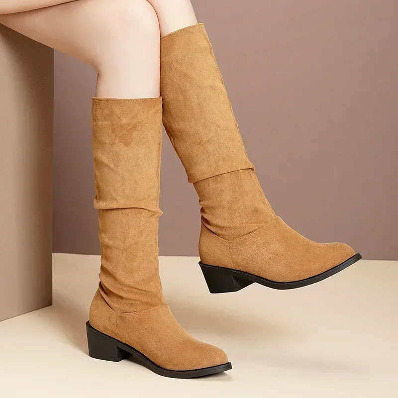 Pointed Toe Pleated Boots Women Black Nude Faux Suede Flock Knee High Boots Ladies Low Chunky Heel Cowboy Boots Plus Size 2024