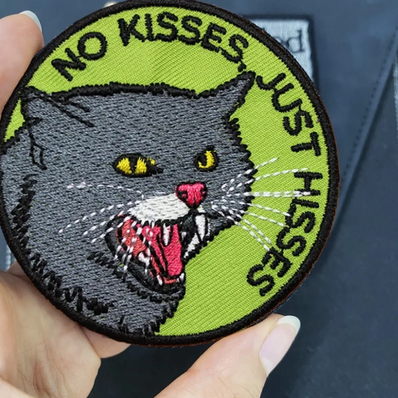 No Kisses Just Hisses Cats Embroidered Patches for Clothing Cat Morale Badge Hook and Loop Armband Backpack Tactical Sticker