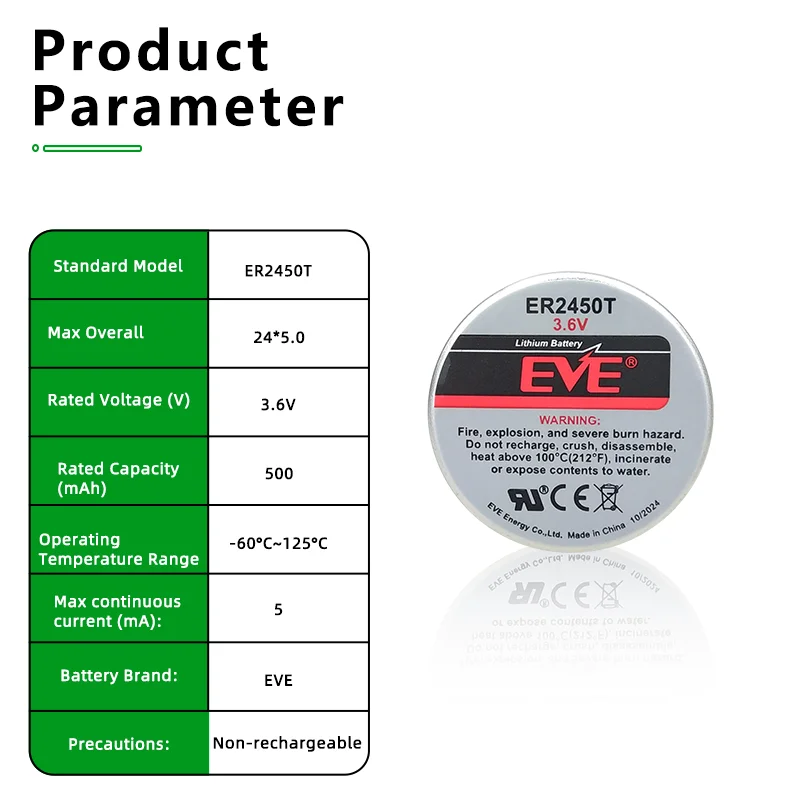 EVE ER2450T 3.6V Li-SOCl2 Battery, high temperature resistance, tire pressure monitoring, sensor, universal Tadilan TLH-2450