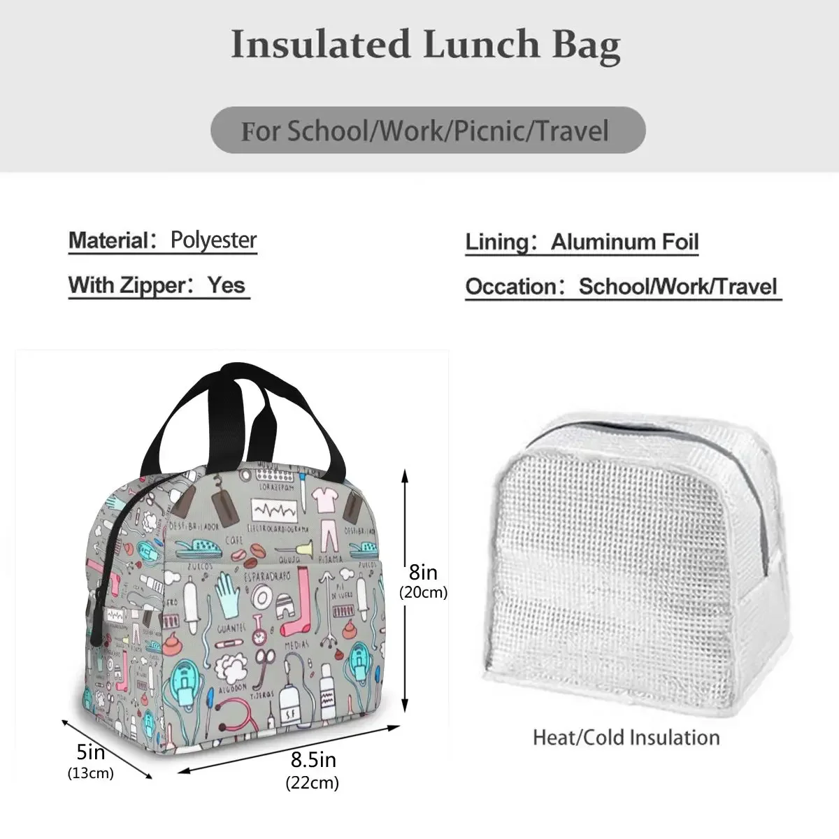 Nurse Pattern Fresh Cooler Bags Waterproof Portable Zipper Thermal Oxford Lunch Bags Women Convenient Lunch Box Tote Food Bags