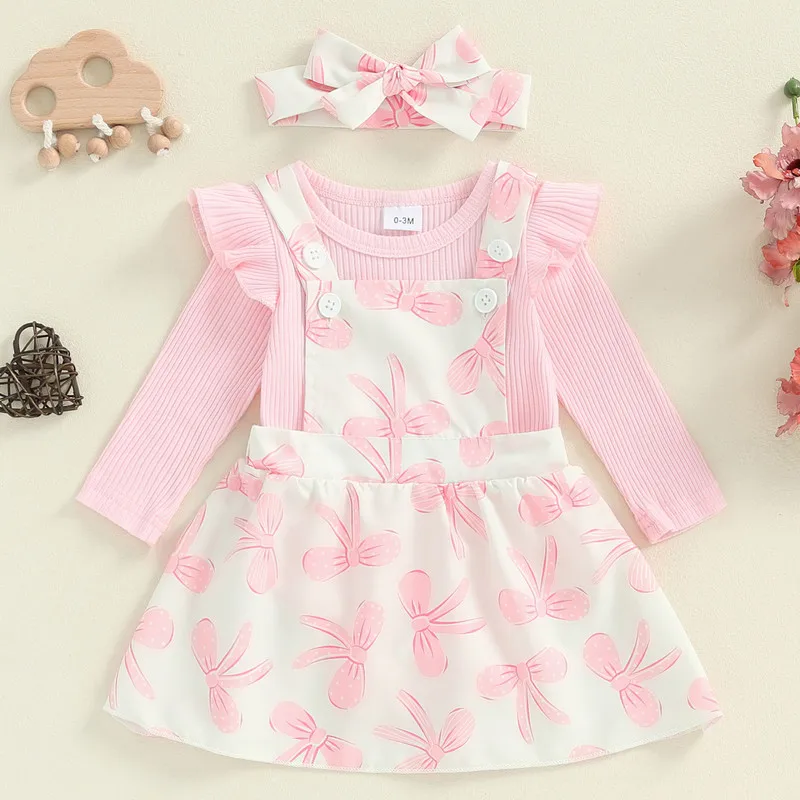 0 to 18 Months Baby Girl 3 Piece Skirt Sets Spring Autumn Clothes Long Sleeve Ribbed Bodysuit Suspender Skirt Headband