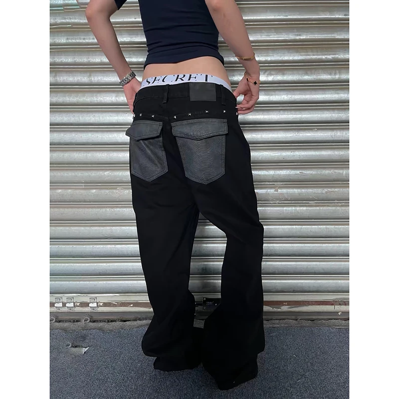 YIBASHU Women Black Rivet Gothic Jeans Y2K Japanese Harajuku Streetwear 2000s Vintage Flare Denim Pants Jeans Clothes 2026 New