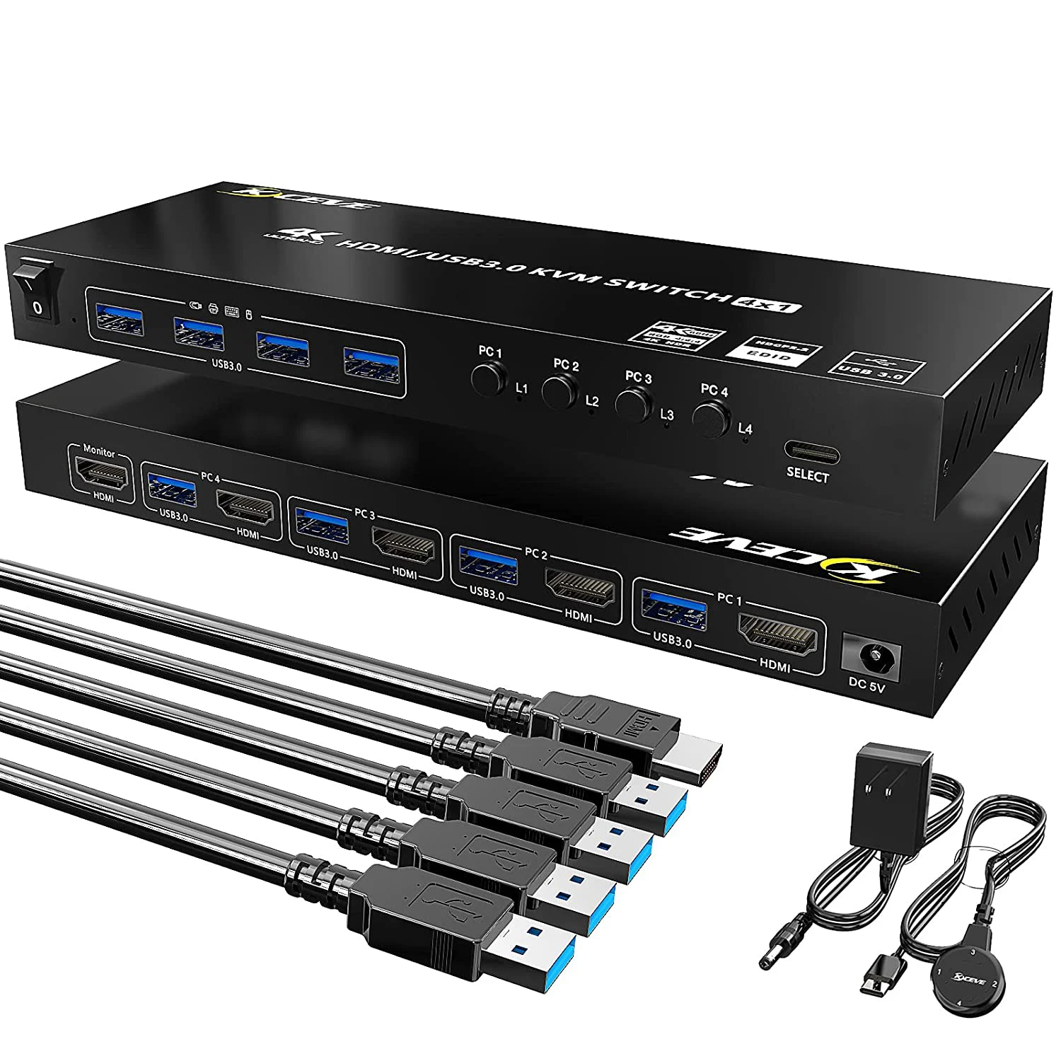 Interruptor USB 3,0 KVM, 4 puertos, compatible con 4K60, 4:4:4, HDMI, 4 en 1 salida y 4 puertos USB 3,0 para impresora de teclado y ratón