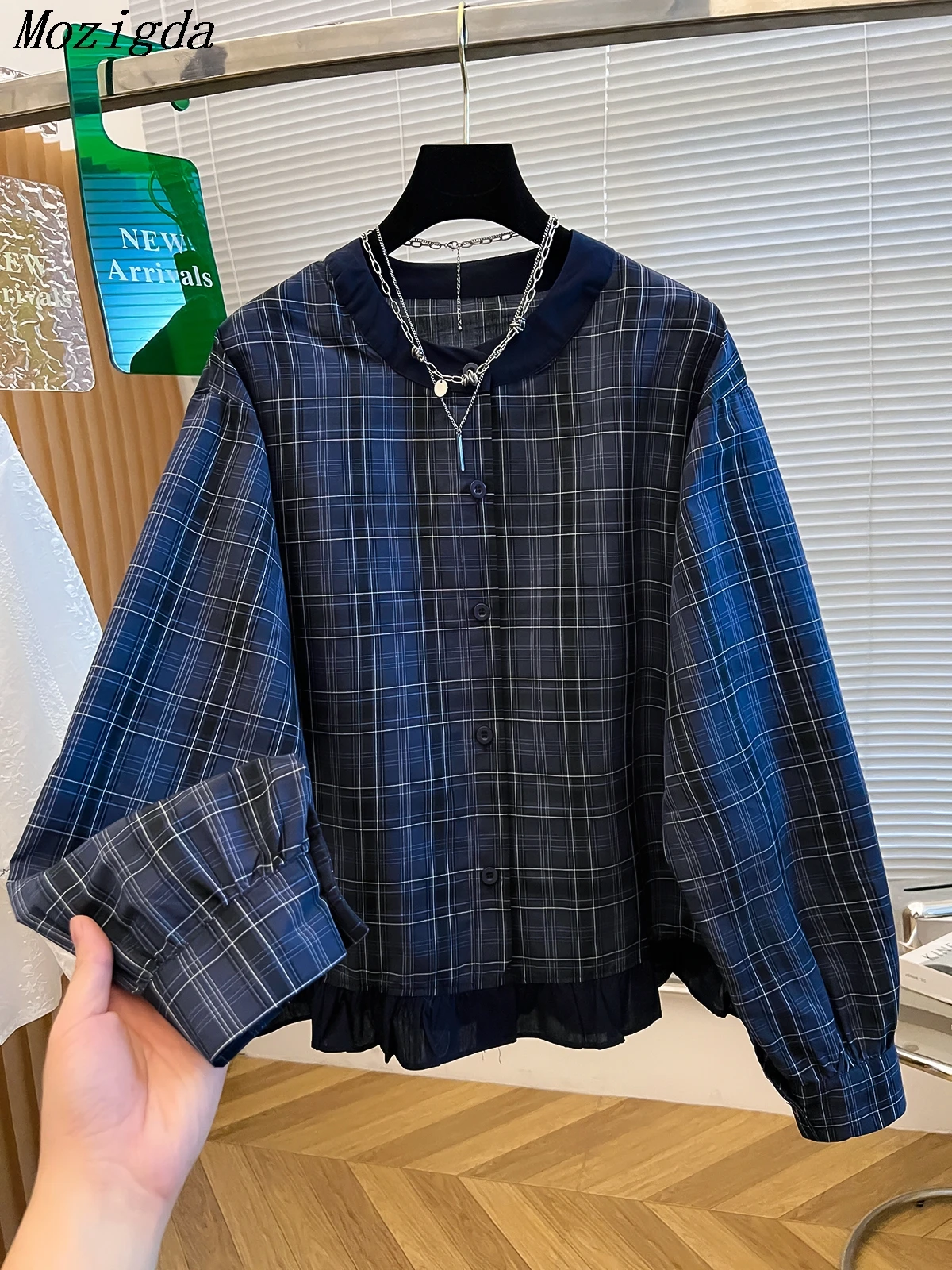 

Blue Plaid Casual irt Women's Loose Fit round Ne Button up Korean Sle Comfortable Breathable Long Sve Top