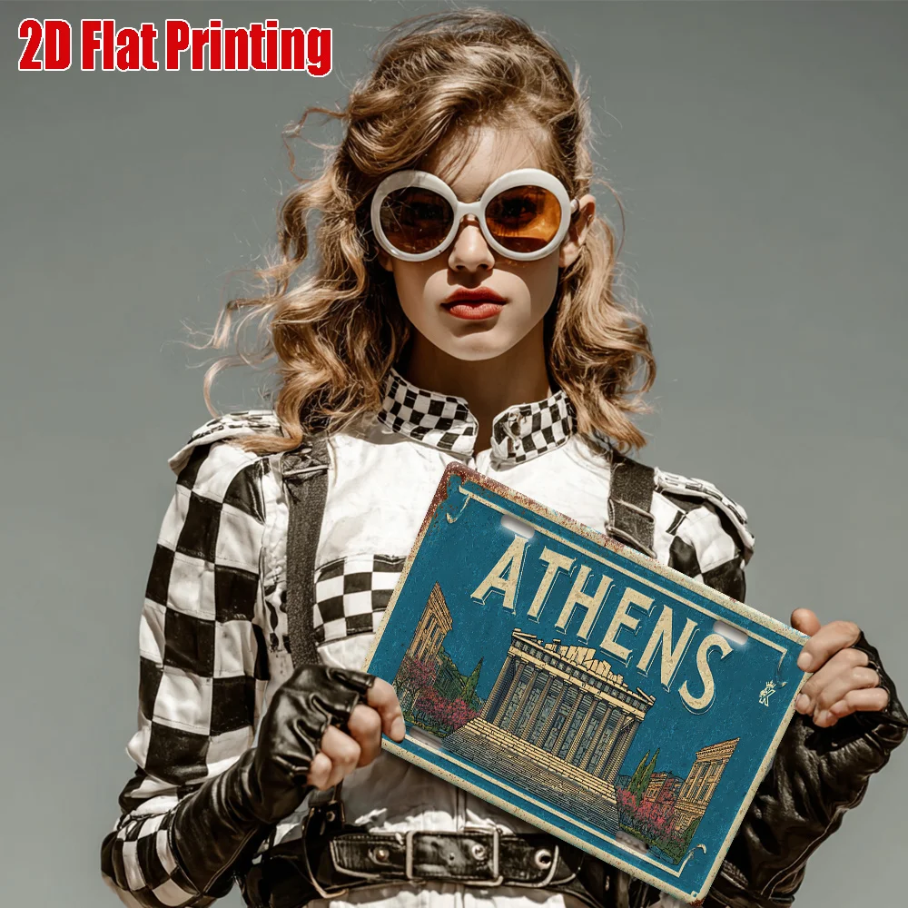 لافتة لوحة ترخيص معدنية من أثينا - لوحة فنية جدارية للسفر بتصميم أثينا بارثينون، ديكور من الألومنيوم باللونين الأزرق والأبيض للمنزل والبار #6