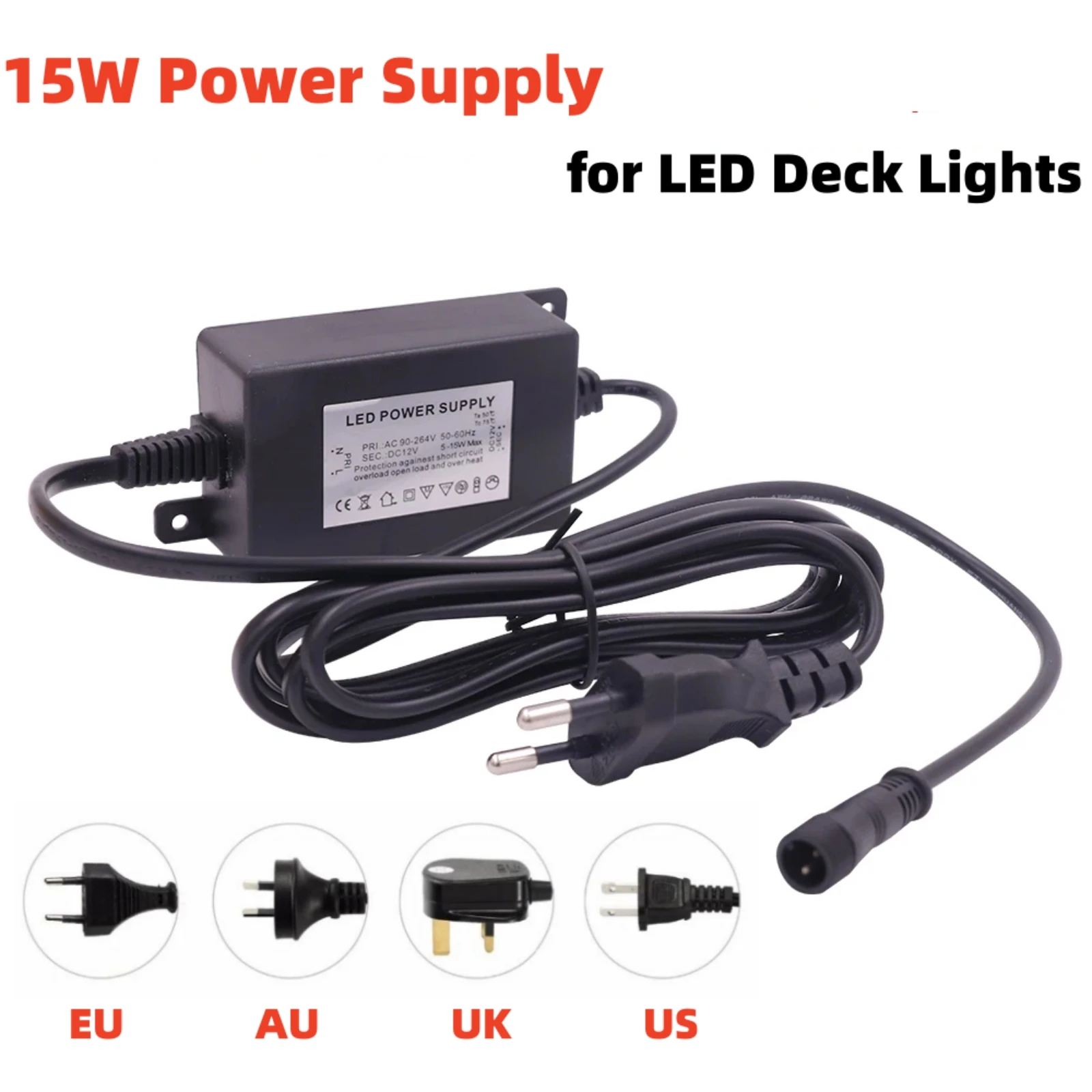 IP67 Wasserdichtes 12V 15W Netzteil LED-Treibertransformator für LED-Deckleuchten Outdoor oder Indoor EU US UK AU Steckereingang 90-265V