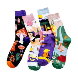 4 Pairs Mushroom Socks Women's Personality Tide Socks Graffiti Flower Animal Fruits Pattern Cotton Harajuku Style Mid-calf Socks